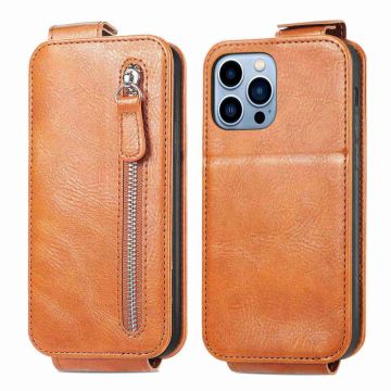 Vertical Flip Phone Etui med Zipper til iPhone 13 Pro - Brun