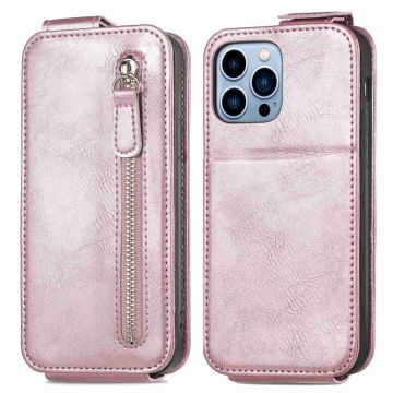 Vertical Flip Phone Etui med Zipper til iPhone 13 Pro - Rose Gull