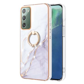 Marble Mønstret Deksel med Ring Holder til Samsung Galaxy Note 20 5G - Hvit Klinkekule Haze