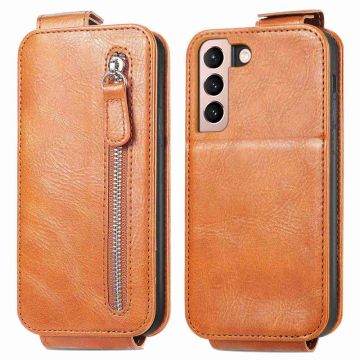 Vertical Flip Phone Etui med Zipper til Samsung Galaxy S21 Plus 5G - Brun