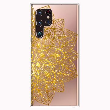 Deco Samsung Galaxy S22 Ultra Etui - Golden Glitter Leaves