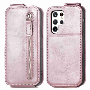 Vertical Flip Phone Etui med Zipper til Samsung Galaxy S22 Ultra - Rose Gull