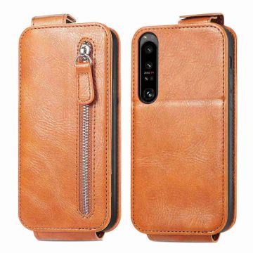 Vertical Flip Phone Etui med Zipper til Sony Xperia 1 IV - Brun