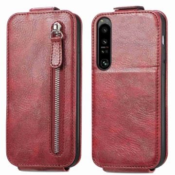 Vertical Flip Phone Etui med Zipper til Sony Xperia 1 IV - Rød