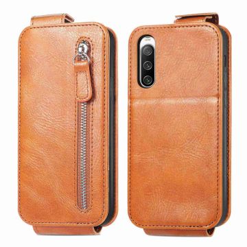 Vertical Flip Phone Etui med Zipper til Sony Xperia 10 IV - Brun