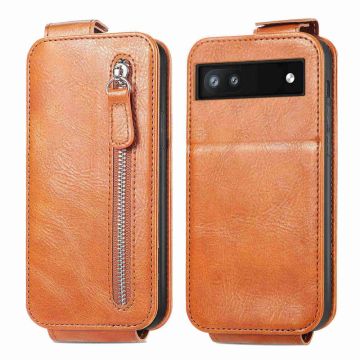 Vertical Flip Phone Etui med Zipper til Google Pixel 6a - Brun