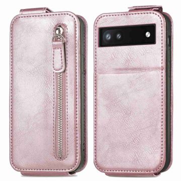 Vertical Flip Phone Etui med Zipper til Google Pixel 6a - Rose Gull