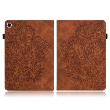 Imprinted Flower Lær Etui til Lenovo Tab M10 FHD Plus - Brun