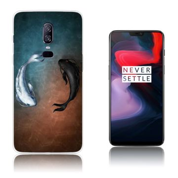 OnePlus 6 beskyttelses deksel av silikon og plastikk med printet mønster - svarte og hvite fisker