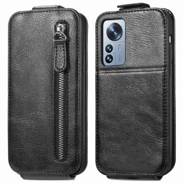 Vertical Flip Phone Etui med Zipper til Xiaomi 12S Pro / 12 Pro - Svart