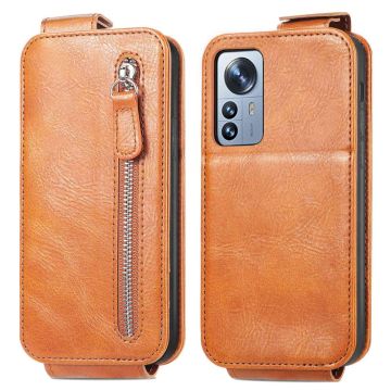 Vertical Flip Phone Etui med Zipper til Xiaomi 12T / 12T Pro - Brun