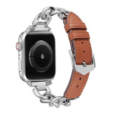 Apple Watch Series 8 (41 mm) metallkjede med lærrem - Sølv / Brun