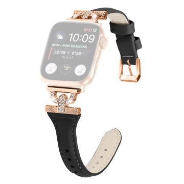 Apple Watch Series 8 (41 mm) Rem i ekte skinn med rhinestone-dekor og spenne i rosa gull - Svart