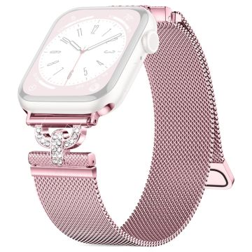 Apple Watch Series 9 41 mm strass S-formet milanesisk rem i rustfritt stål - Rosa Rose