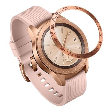 Samsung Galaxy Watch (42mm) Rustfritt Stål Ring Ramme Etui - Rose Gull Ring Rød Text