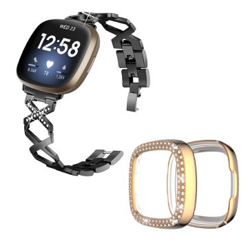 Fitbit Sense / Versa 3 X-formet klokkerem med rhinestone-dekorasjon og deksel i rosa gull - Svart