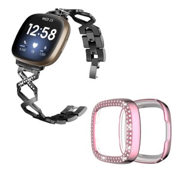 Fitbit Sense / Versa 3 X-formet klokkerem med rhinestone-dekorasjon og rosa deksel - Svart