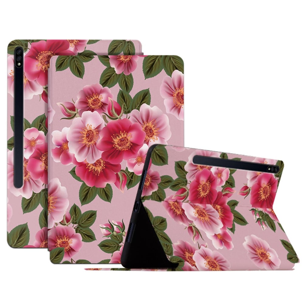 Samsung Galaxy Tab S8 Plus / S7 FE / S7 Plus blomstermønster flip-etui i skinn - Glamorøs Pion