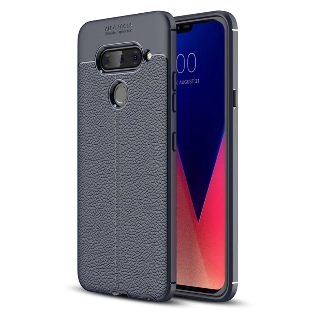 LG V40 Thinq Litchi Skinnetui - Mørk Blå