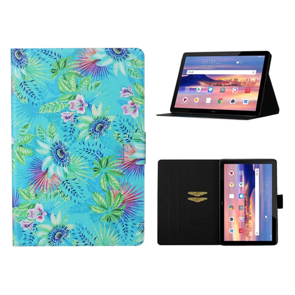 Huawei MediaPad T5 flip-etui i skinn med kult mønster - Blomst