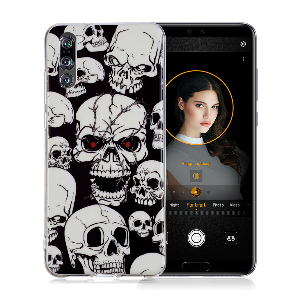 IMD Huawei P20 Pro beskyttelses deksel av TPU med printet selvlysende mønster - hodeskaller