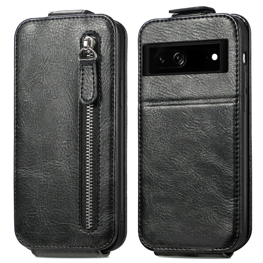 Vertical Flip Phone Etui med Zipper til Google Pixel 7a - Svart