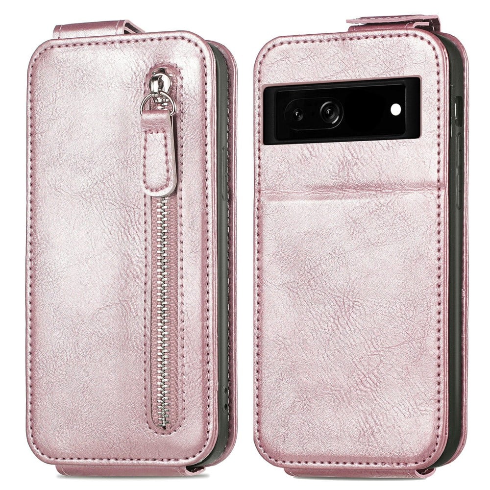 Vertical Flip Phone Etui med Zipper til Google Pixel 7a - Rose Gull