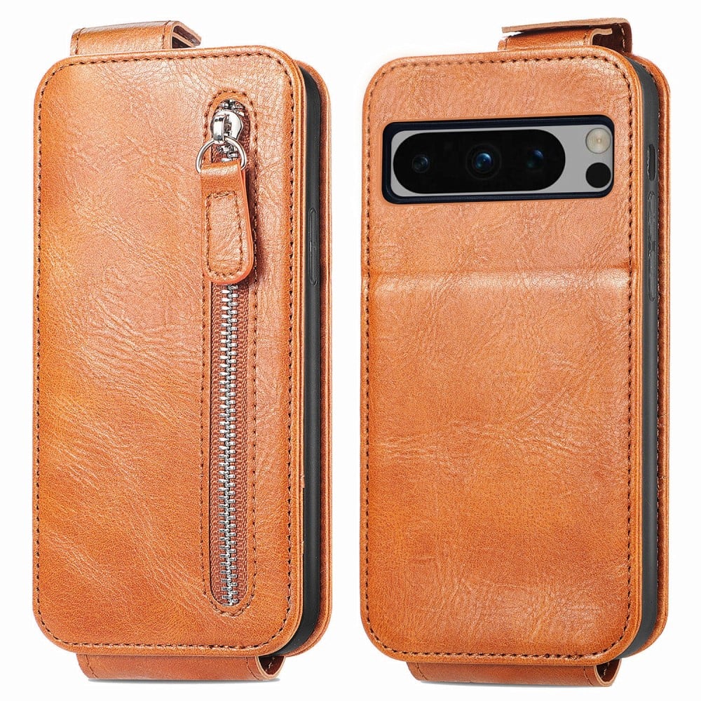 Vertical Flip Phone Etui med Zipper til Google Pixel 8 Pro - Brun