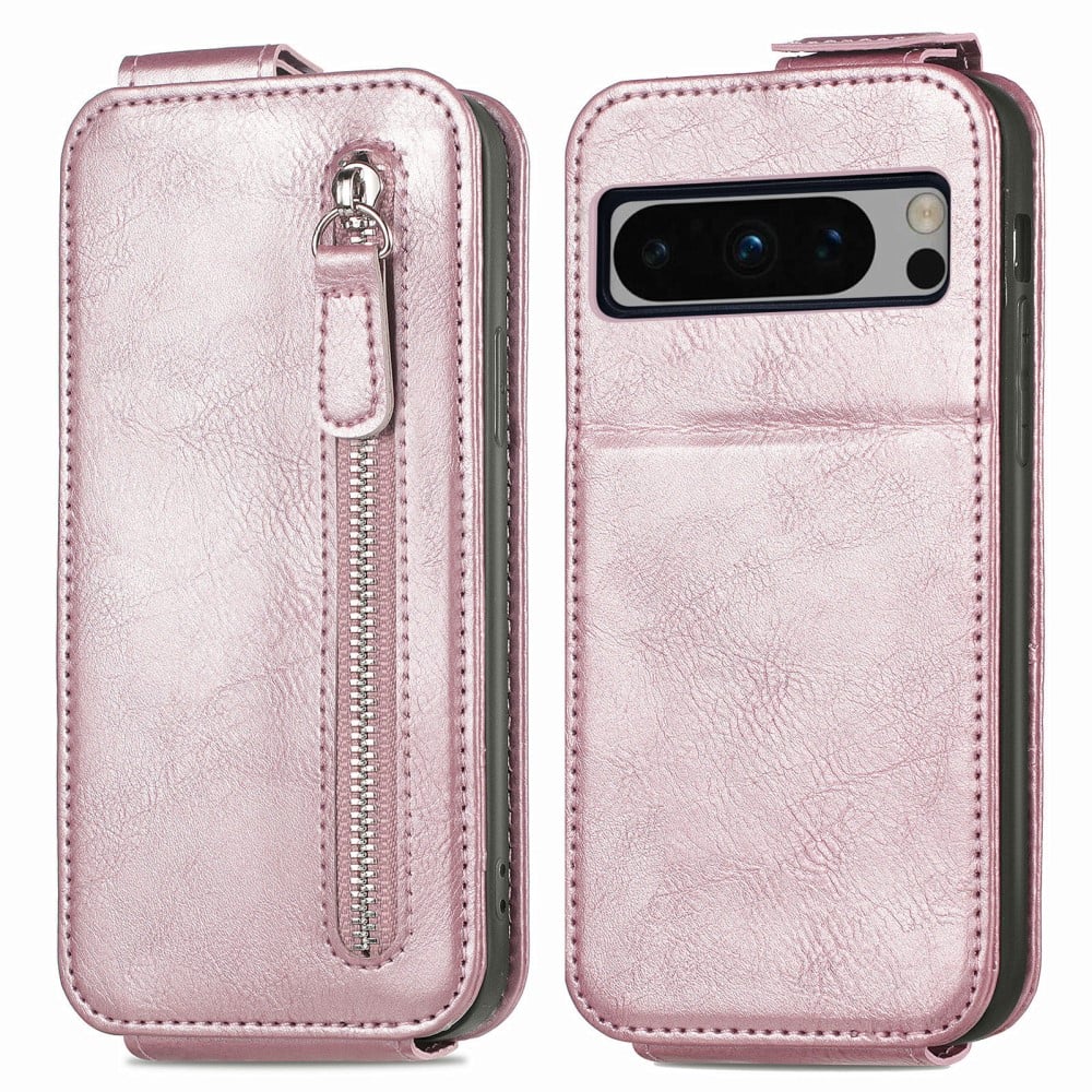 Vertical Flip Phone Etui med Zipper til Google Pixel 8 Pro - Rose Gull