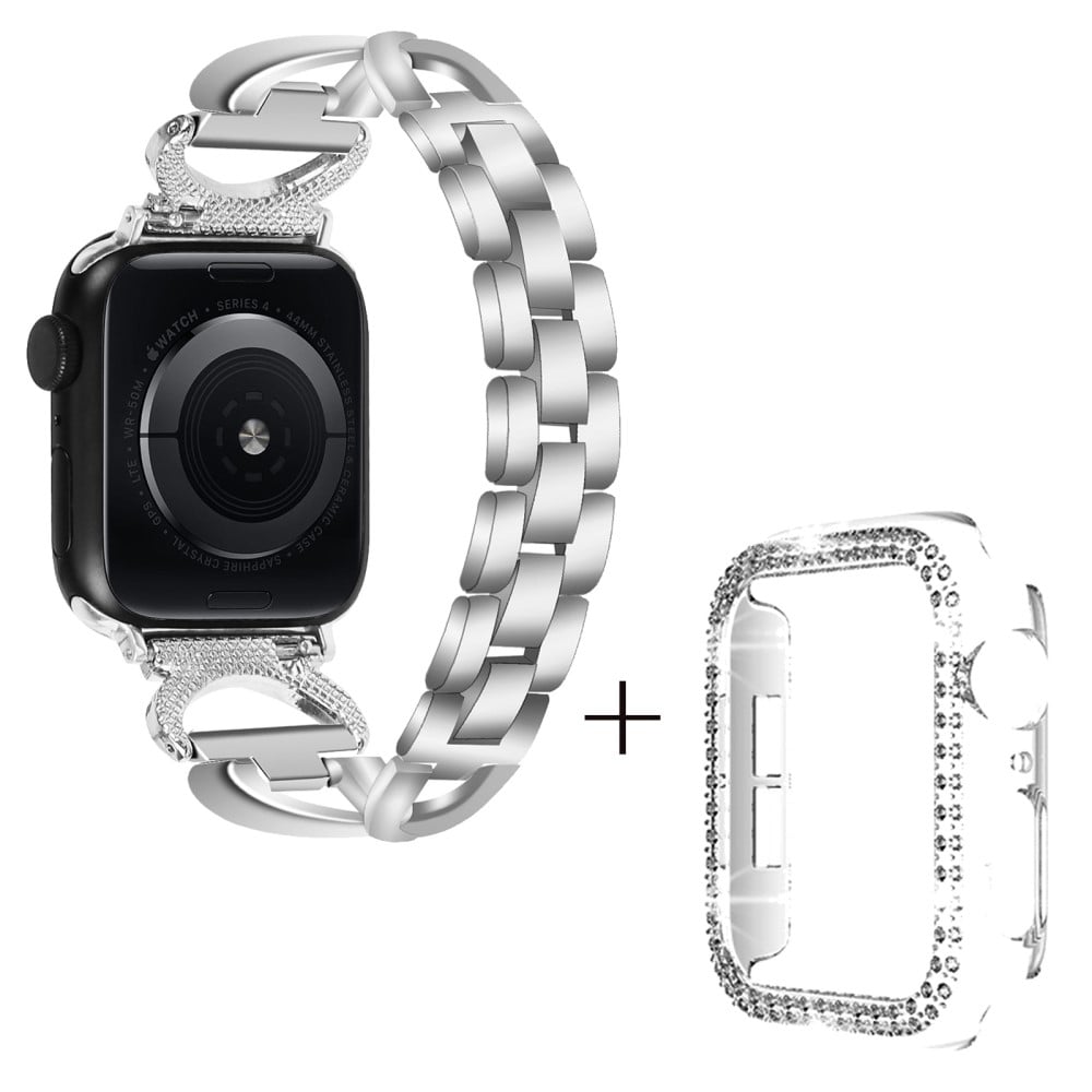 Apple Watch Ultra X-Shape metallrem med rhinestone-dekor og gjennomsiktig deksel - Sølv