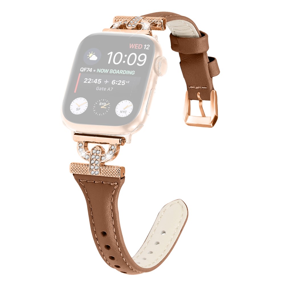 Apple Watch Series 8 (41 mm) Rem i ekte skinn med rhinestone-dekor og spenne i rosa gull - Brun