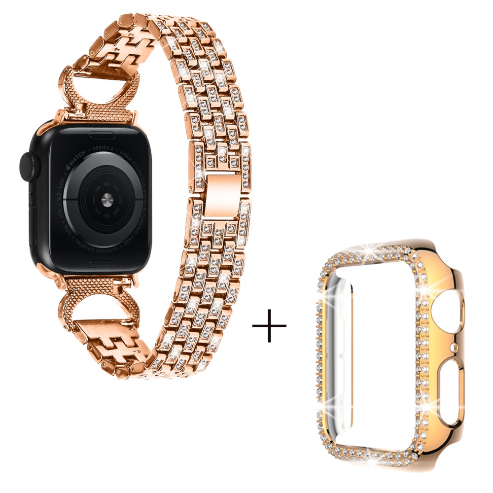 Apple Watch Series 8 (41 mm) metallrem med 5 perler i rhinestone-dekor og deksel - Rose Gull