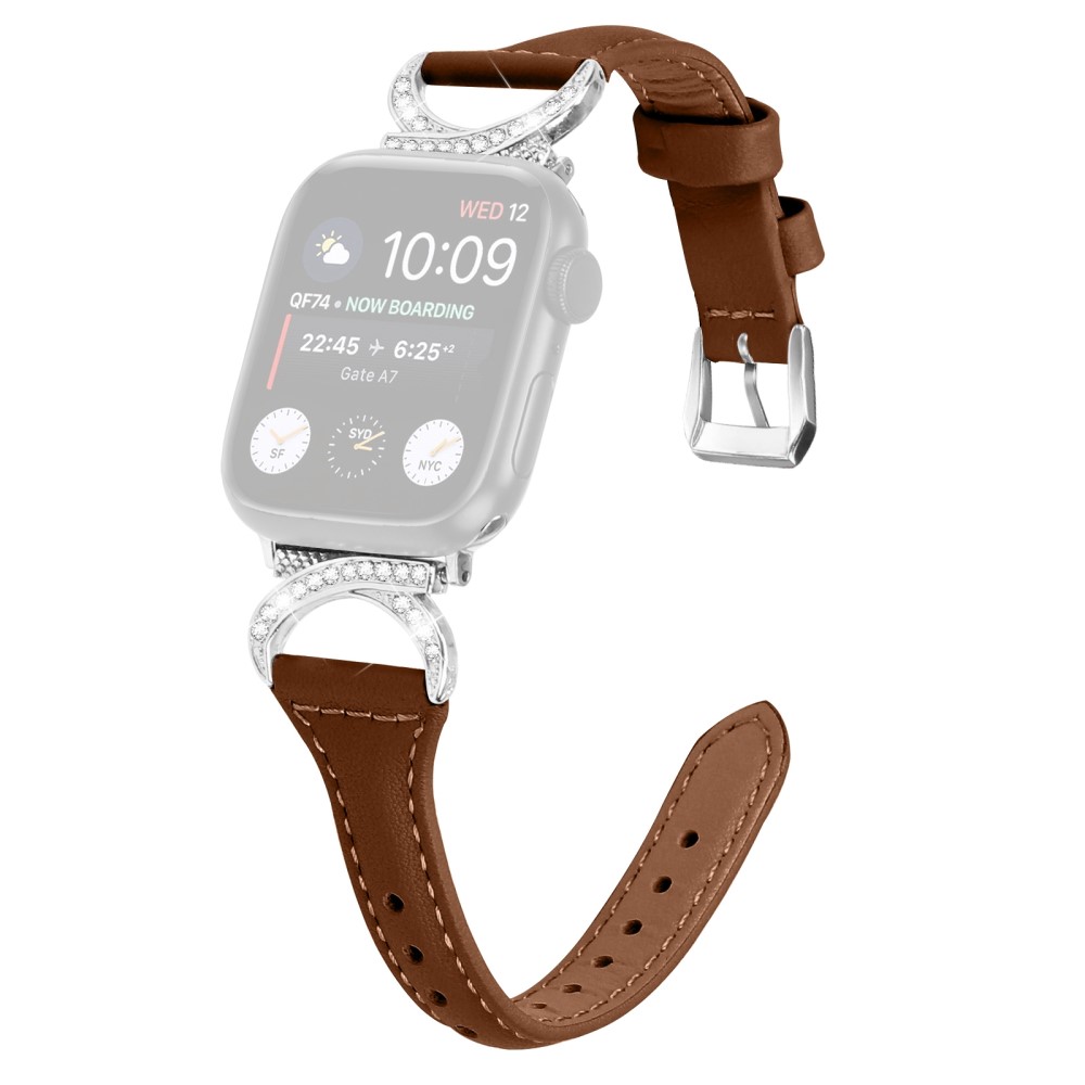 Apple Watch Series 8 (45 mm) / Watch Ultra Ekte skinnrem med sølvspenne i rhinestone - Brun