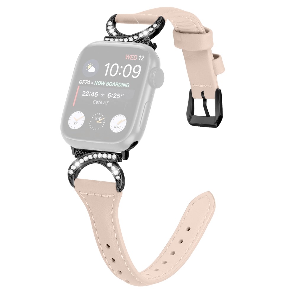 Apple Watch Series 8 (45 mm) / Watch Ultra Ekte skinnrem med svart spenne med rhinestone - Aprikos