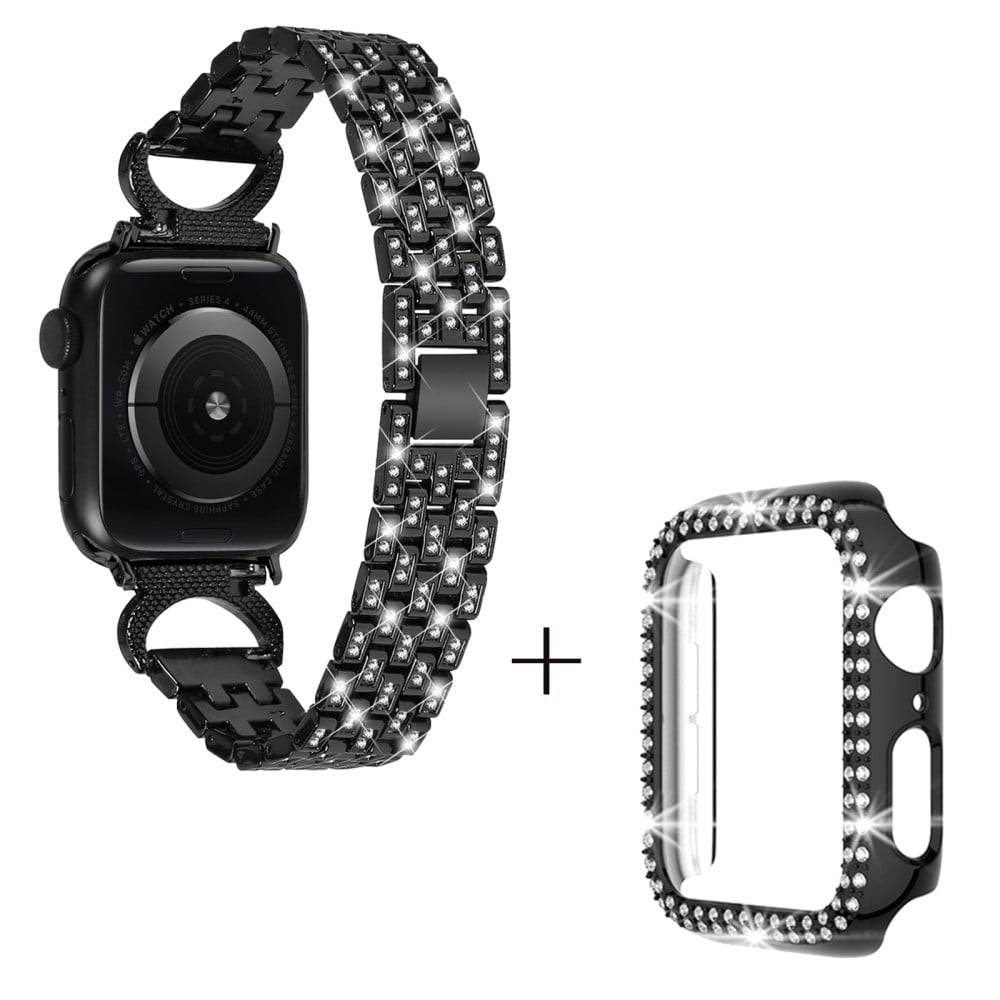 Apple Watch Series 8 (45 mm) metallrem med 5 perler i rhinestone-dekor og deksel - Svart