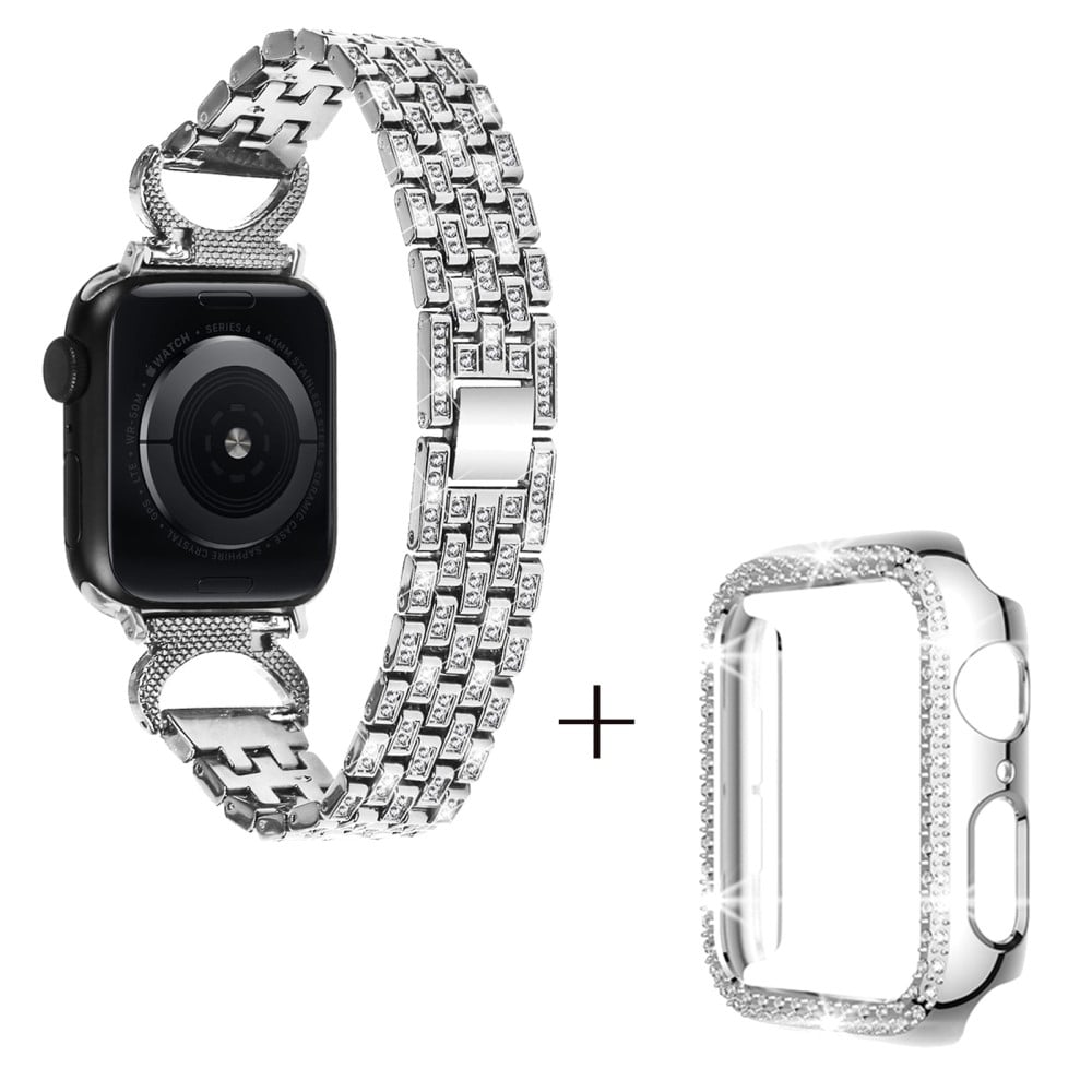 Apple Watch Series 8 (45 mm) metallrem med 5 perler i rhinestone-dekor og deksel - Sølv