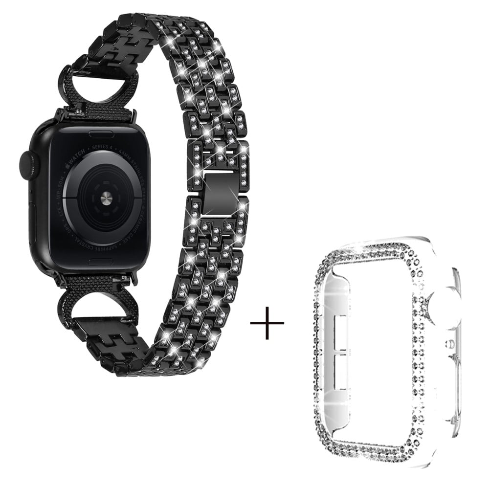 Apple Watch Series 8 (45 mm) metallrem med 5 perler i rhinestone-dekor og gjennomsiktig deksel - Svart