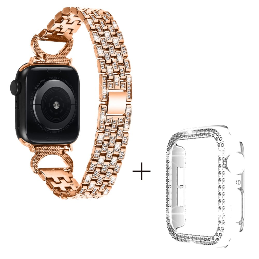 Apple Watch Series 8 (45 mm) metallrem med 5 perler i rhinestone-dekor og gjennomsiktig deksel - Rose Gull