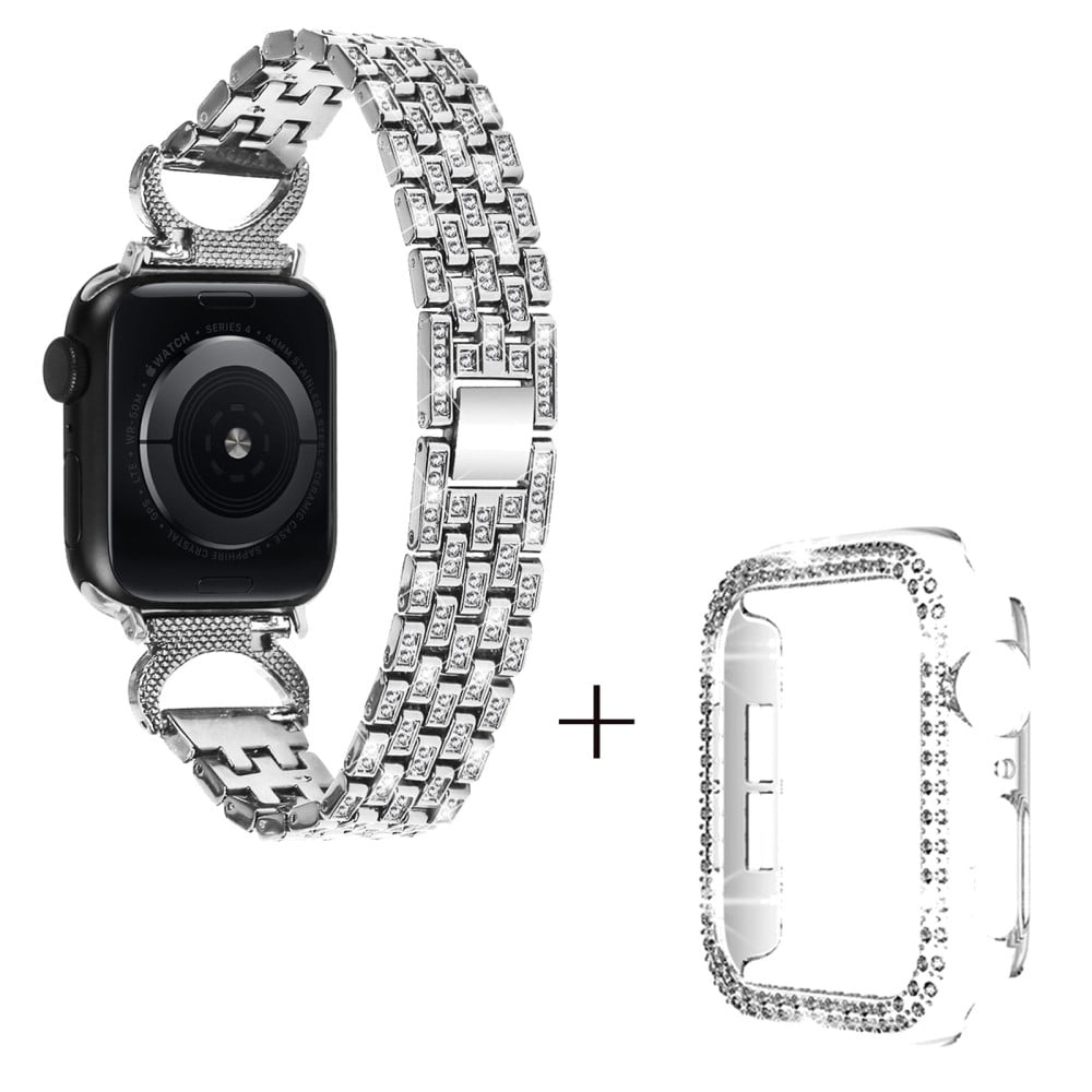 Apple Watch Series 8 (45 mm) metallrem med 5 perler i rhinestone-dekor og gjennomsiktig deksel - Sølv