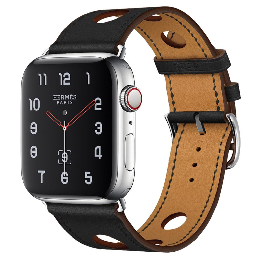 Bilde av Apple Watch Series 4 44mm Tre Hull Ekte Skinn Klokke Band - Svart