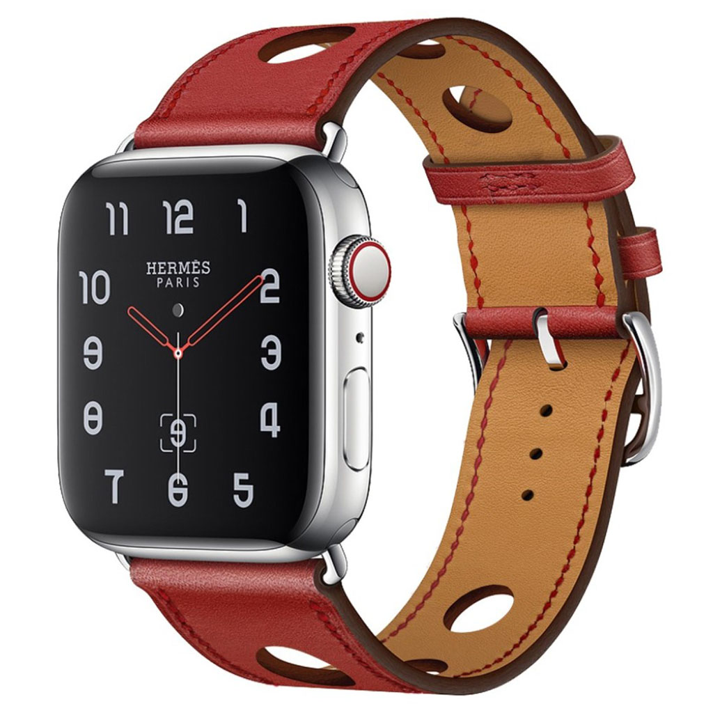 Apple Watch Series 4 44mm tre hull ekte skinn klokke band - Rød