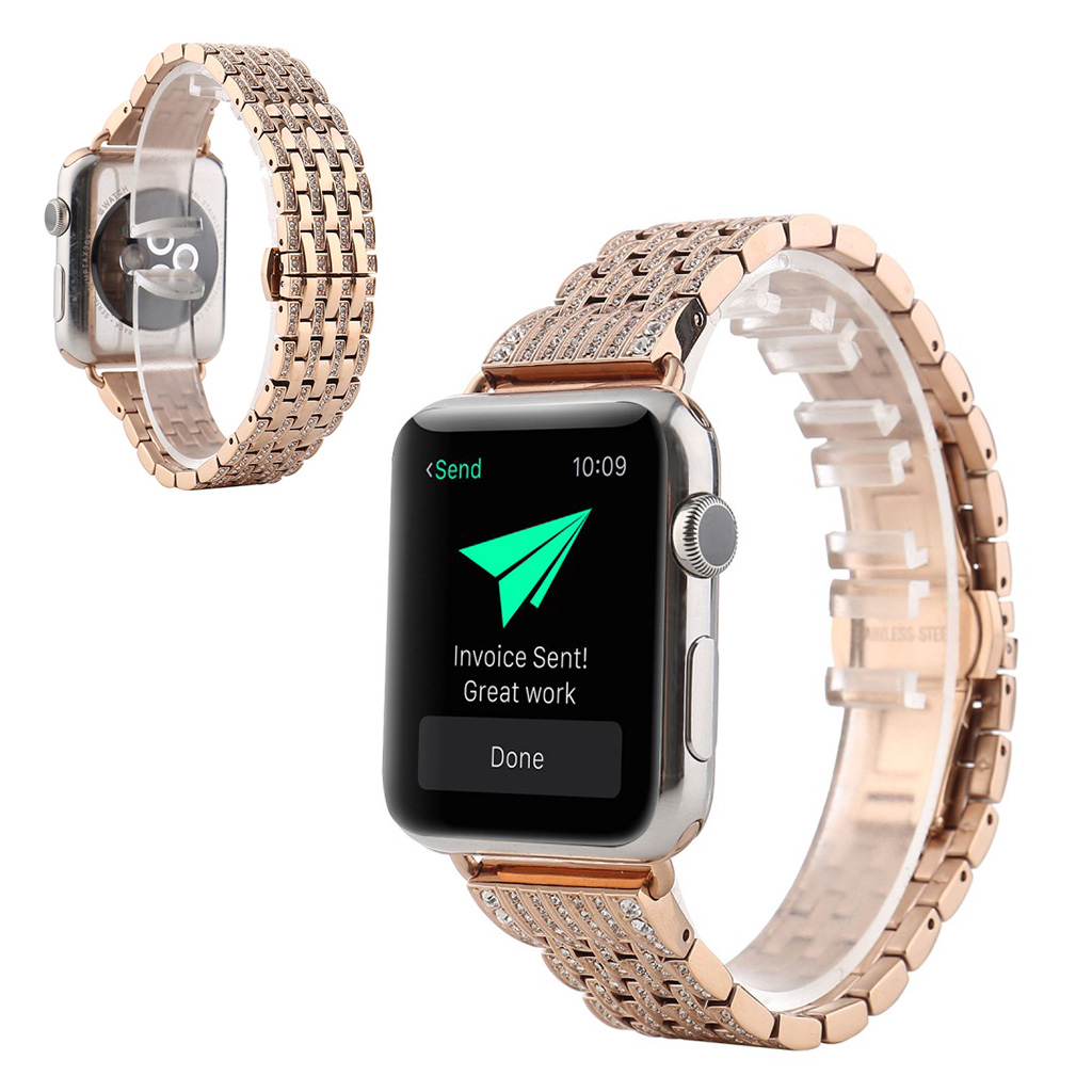 Apple Watch Series 5 44 mm utsøkt urrem med rhinestone - Rose Gull