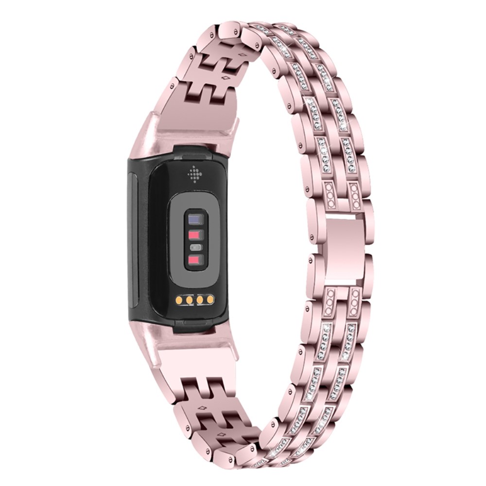 Fitbit Charge 5 klokkerem med to rader rhinestone glitter - Rosa Rose