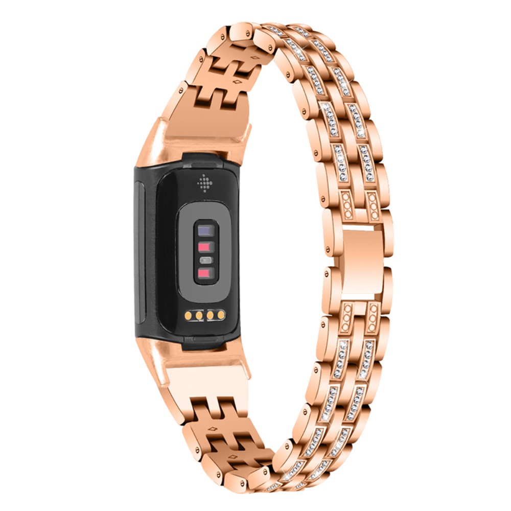 Fitbit Charge 5 klokkerem med to rader rhinestone glitter - Rose Gull